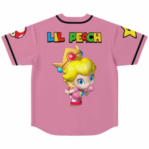 Pink baseball jersey back view with baby princess graphic and Lil Peach lettering below collar
