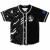 Front view of black white cyber circuit rave baseball jersey with circular headphone girl emblem
