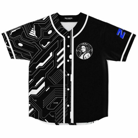 Front view of black white cyber circuit rave baseball jersey with circular headphone girl emblem