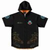 Front view of black hooded jersey with eye and mouth graphic and neon hand sign