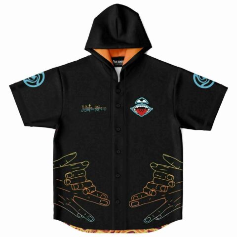 Front view of black hooded jersey with eye and mouth graphic and neon hand sign