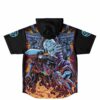 Back view of hooded baseball jersey with cursed spirit and wolf anime-inspired print over flames