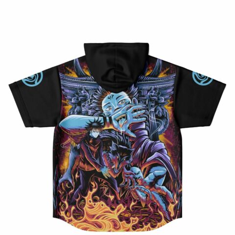 Back view of hooded baseball jersey with cursed spirit and wolf anime-inspired print over flames