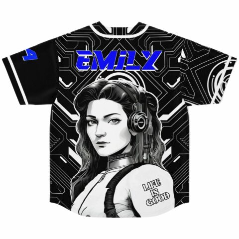 Back view of black white cyber circuit rave baseball jersey with headphone girl graphic