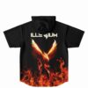 Black hooded jersey back view showing rising phoenix graphic in flames below bold wordmark