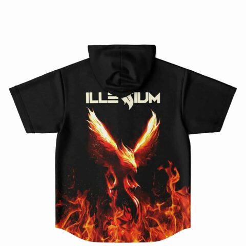 Black hooded jersey back view showing rising phoenix graphic in flames below bold wordmark