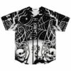 Black and white Halloween scene baseball jersey with spiderweb and skull graveyard gate print, front