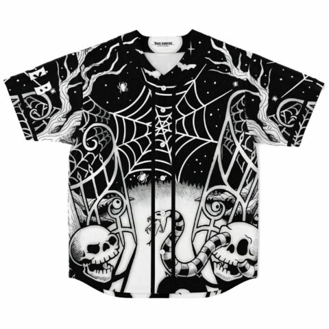 Black and white Halloween scene baseball jersey with spiderweb and skull graveyard gate print, front