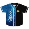 Blue galaxy split baseball jersey with bold logo text and cartoon eye emblem, front view