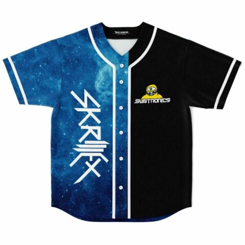 Blue galaxy split baseball jersey with bold logo text and cartoon eye emblem, front view