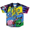 Front view of cartoon monster print baseball jersey with bloodshot eyeball and brain graphics