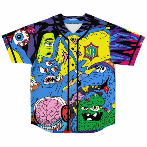 Front view of cartoon monster print baseball jersey with bloodshot eyeball and brain graphics