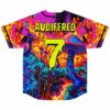 Back view of psychedelic mushroom jersey with AUDIFFRED 7 drip lettering