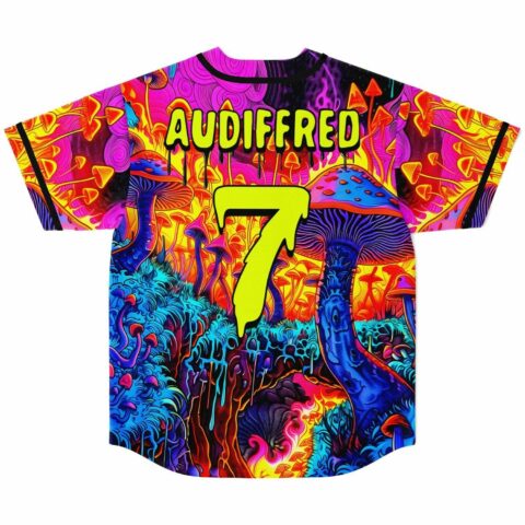 Back view of psychedelic mushroom jersey with AUDIFFRED 7 drip lettering