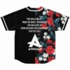 Back view of rose print jersey with Ten Feet Tall lyrics below the A logo