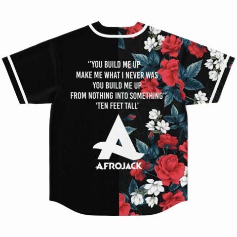 Back view of rose print jersey with Ten Feet Tall lyrics below the A logo