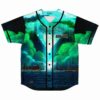Black teal rave baseball jersey, neon city skyline and glowing pyramid print, front view