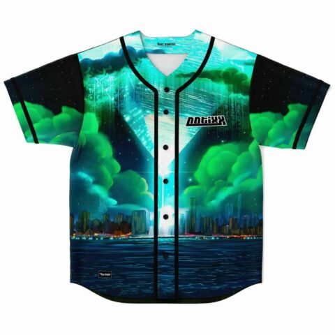 Black teal rave baseball jersey, neon city skyline and glowing pyramid print, front view
