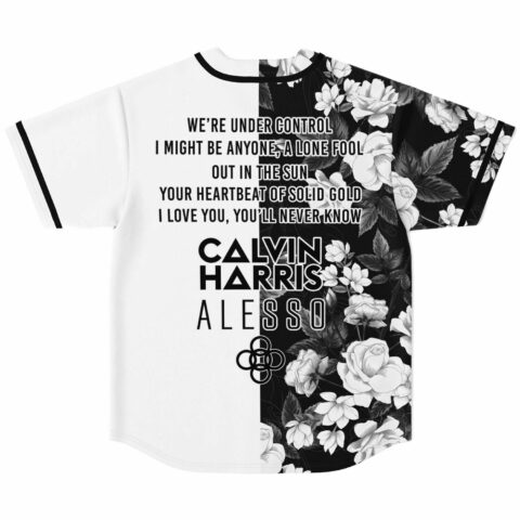 Split floral jersey back view showing printed song lyrics above dj name text