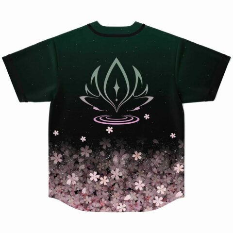 Cherry blossom rave jersey back view showing lotus emblem over rippling water design