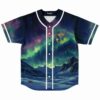 Front view of aurora night sky rave jersey with mountain print and gold festival crest