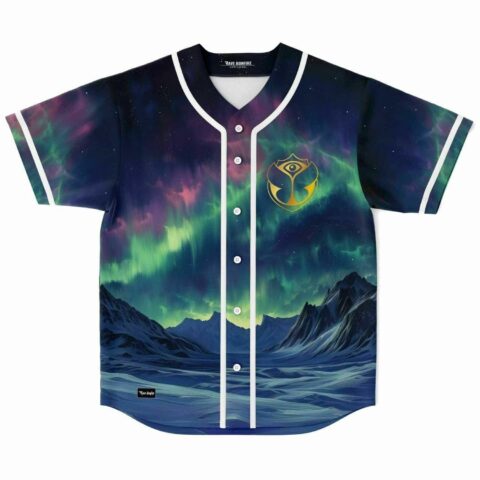 Front view of aurora night sky rave jersey with mountain print and gold festival crest