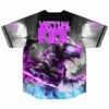 Back view of purple rave baseball jersey featuring robotic dragon warrior print and bold pink