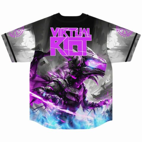 Back view of purple rave baseball jersey featuring robotic dragon warrior print and bold pink