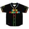 Black baseball jersey with Super Mushroom text and rainbow striped placket front view