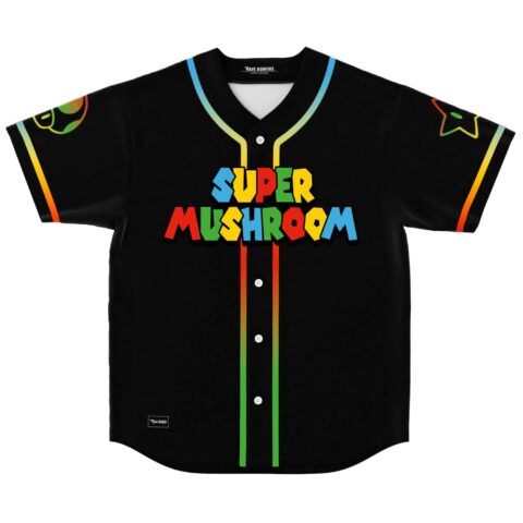 Black baseball jersey with Super Mushroom text and rainbow striped placket front view
