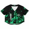 Black rave cropped baseball jersey with a green abstract swirl pattern