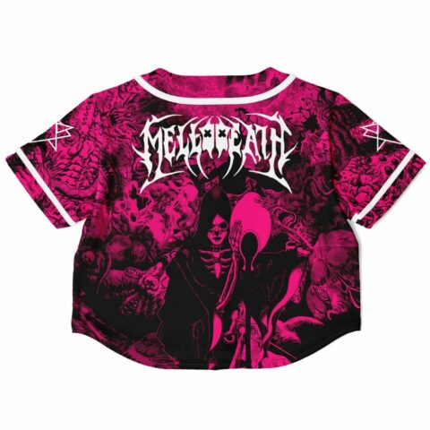 Back view of cropped pink jersey showing intricate illustration and bold lettering