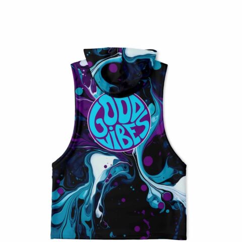 Sleeveless hoodie back view with bold good vibes logo
