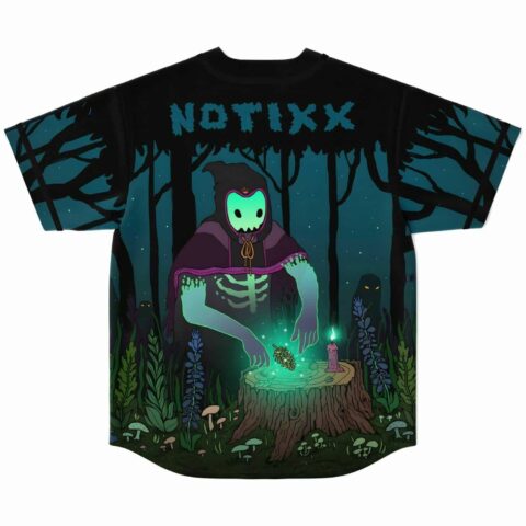 back view showing glowing forest spirit design with candle and mushrooms under NOTIXX text