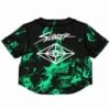 Back view of the rave cropped baseball jersey with a bold white graphic design