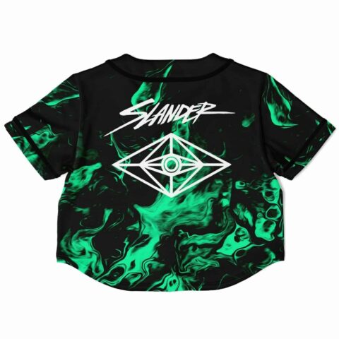 Cropped baseball jersey back view with bold white graphic design