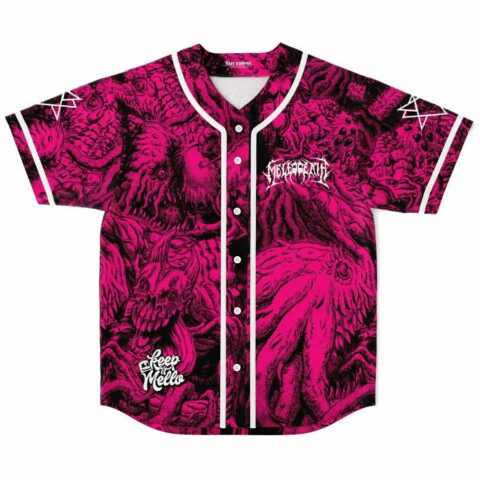 Hot pink dense horror rave baseball jersey with Mellodeath lettering and Keep It Mello script