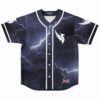 Lightning bolt print rave baseball jersey front view with wing logo and UK flag patch