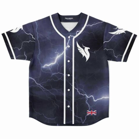 Lightning bolt print rave baseball jersey front view with wing logo and UK flag patch