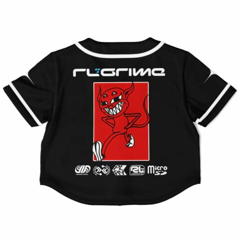 Back view of cropped baseball jersey with colorful character design