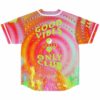 Back view of psychedelic swirl rave jersey with dripping Good Vibes Only Club graphic