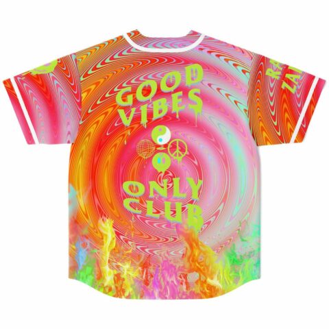 Back view of psychedelic swirl rave jersey with dripping Good Vibes Only Club graphic