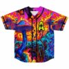 Hot pink psychedelic mushroom print baseball jersey with glowing eye A patch front view