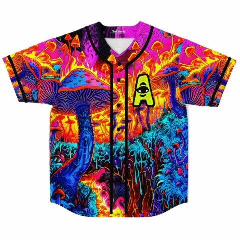 Hot pink psychedelic mushroom print baseball jersey with glowing eye A patch front view