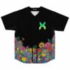 Black rave baseball jersey front, green X emblem with psychedelic mushroom and floral hem print