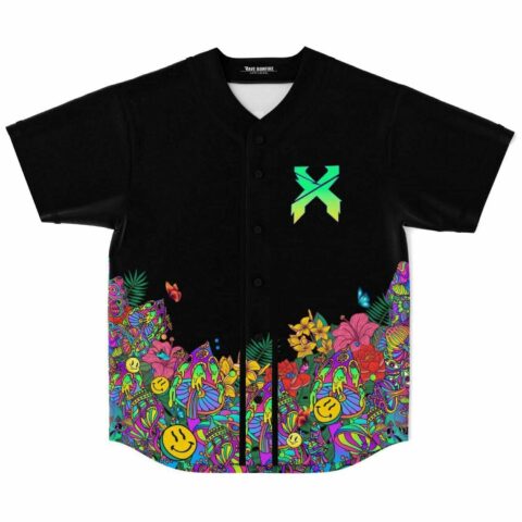Black rave baseball jersey front, green X emblem with psychedelic mushroom and floral hem print