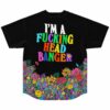 Black rave baseball jersey back view with rainbow text I'm A Fucking Head Banger over