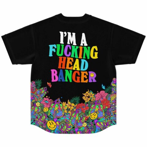 Black rave baseball jersey back view with rainbow text I'm A Fucking Head Banger over