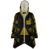 Sacred geometry cloak front view with yellow constellation lines and glowing triangle emblem