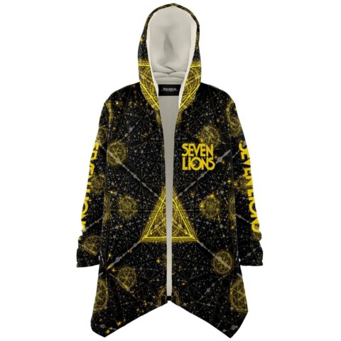 Sacred geometry cloak front view with yellow constellation lines and glowing triangle emblem